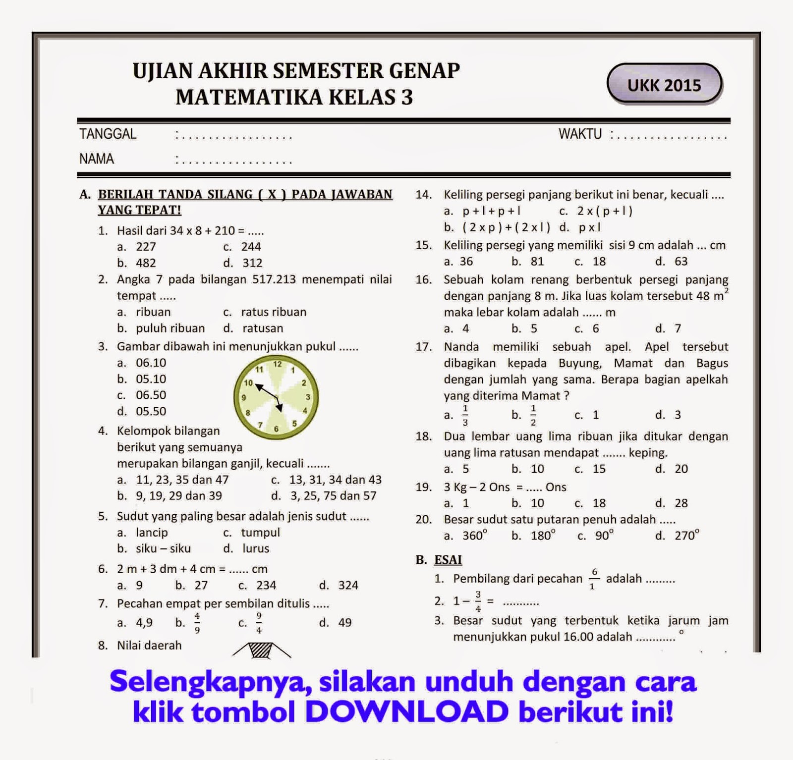 Menilik Kembali Ujian Semester 2 Kelas 3 SD Tahun 2019 Kumpulan Contoh