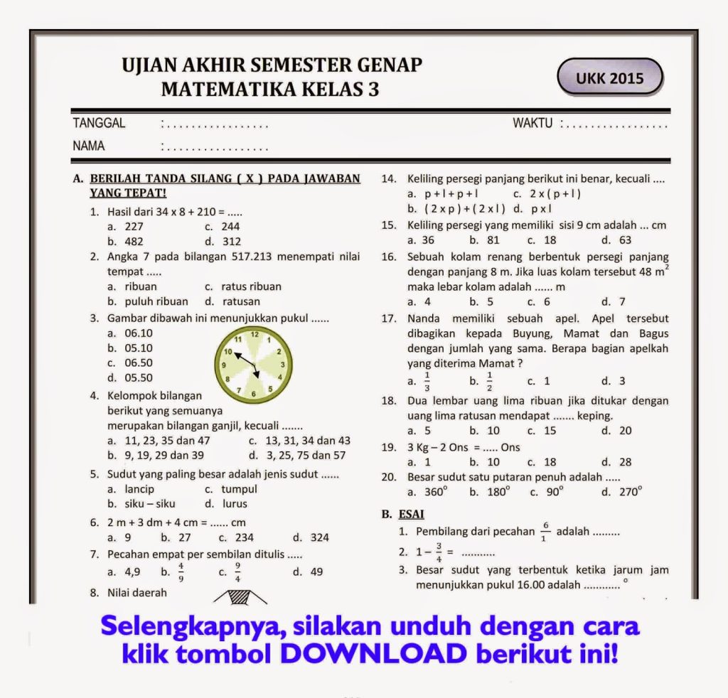15 Contoh Soal Kelas 3 SD Matematika Semester 2 yang Sering Keluar Saat Ujian Sekolah