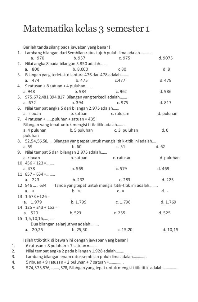 7 Rahasia Nilai Sempurna Menguasai Contoh Soal Kelas 3 SD Matematika Semester 1 Terbaru