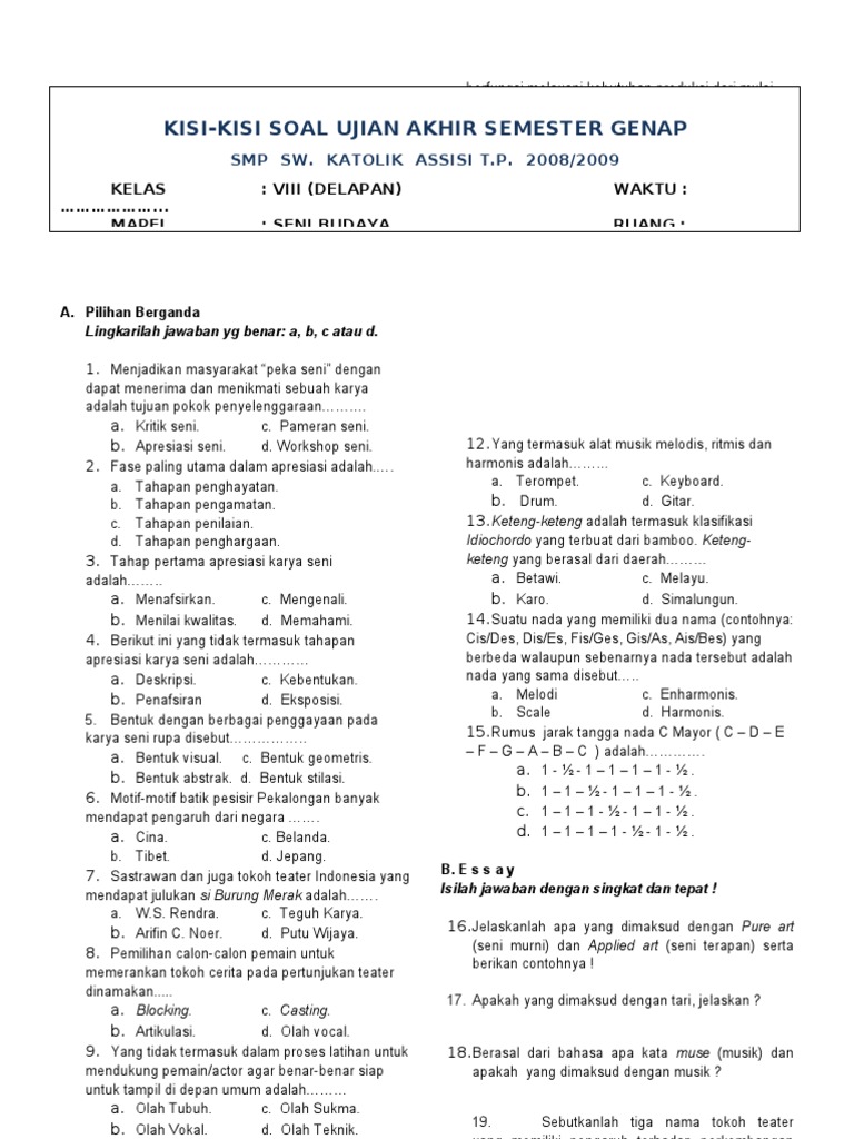 5 Soal Essay Seni Budaya Kelas 8 Semester 2, Ternyata Ini Trik Menjawabnya dengan Benar!