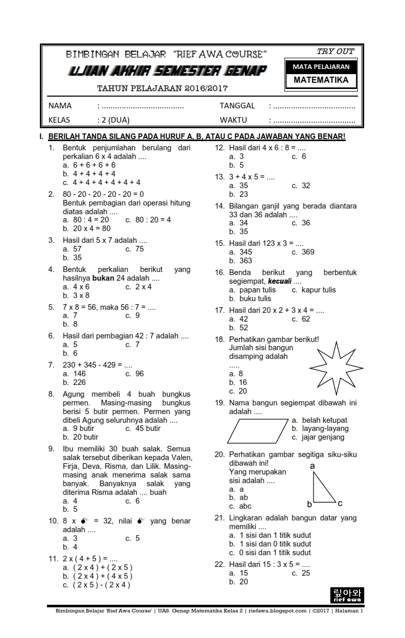 Panduan Lengkap Kisi-kisi Soal Matematika Akhir Semester 2 Kelas 4 Panduan Lengkap Kisi-kisi Soal Matematika Akhir Semester 2 Kelas 4