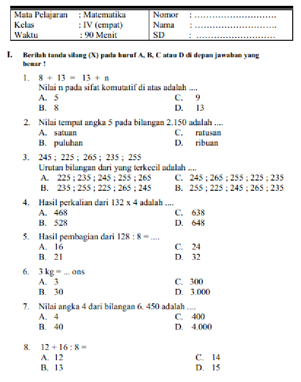 7 Contoh Kisi2 Soal Matematika Kelas 4 Semester 2 Kurikulum 2013 yang Wajib Dikuasai