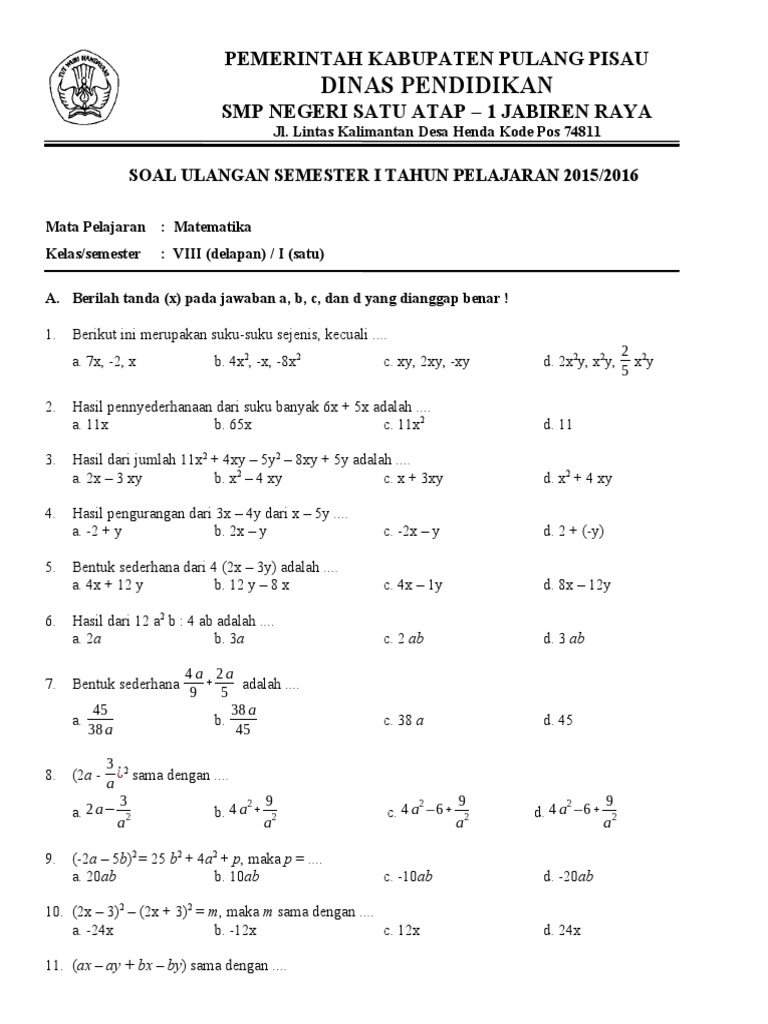 10 Contoh Soal Ujian Matematika Kelas 8 Semester 1 yang Wajib Kamu Kuasai Sebelum Terlambat