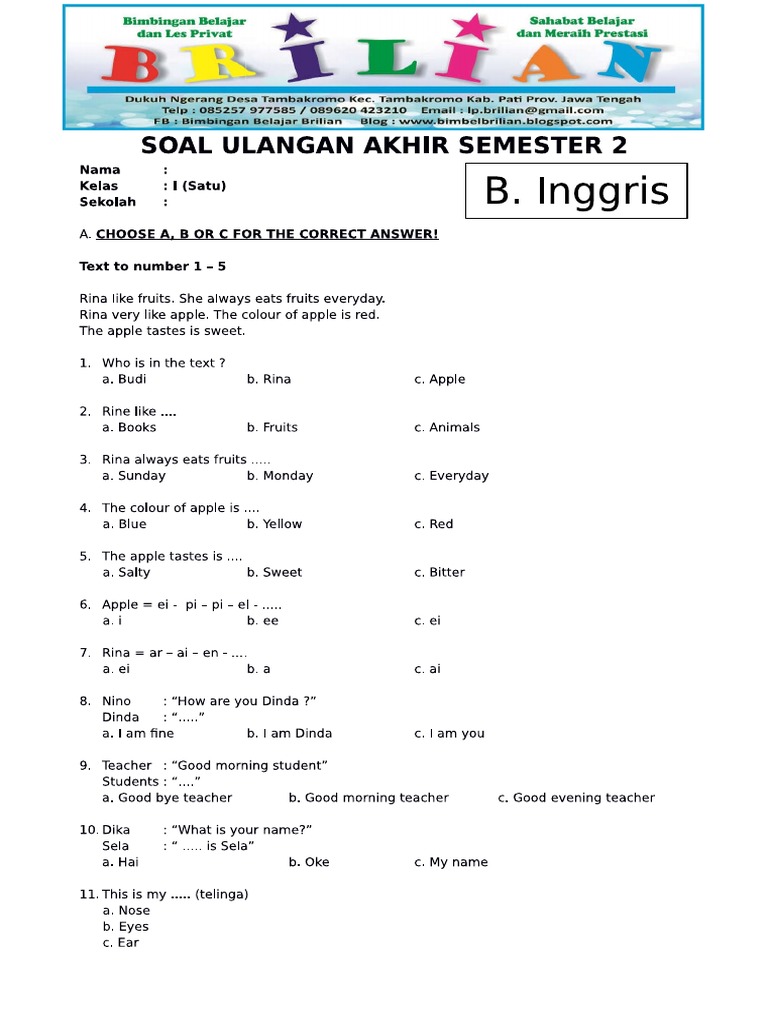 5 Rahasia Contoh Soal Ujian Kenaikan Kelas Bahasa Inggris Kelas 1 SD Anak Lulus Cepat