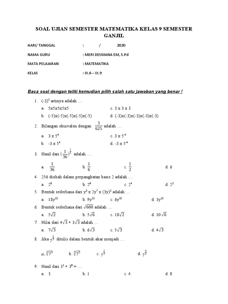 7 Rahasia Menguasai Contoh Soal Ujian Matematika Kelas 9 Semester 1 yang Jarang Diketahui
