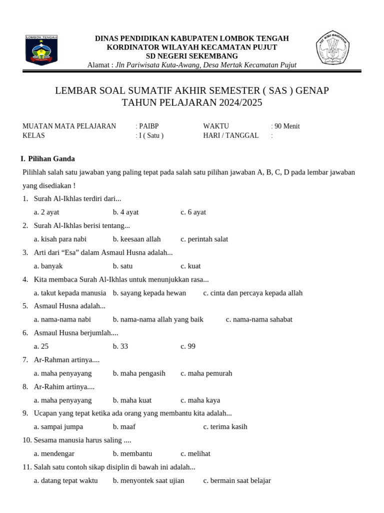 Terbukti! 7 Contoh Soal Ujian PAI Kelas 1 SD Semester 2 yang Bikin Anak Paham Cepat