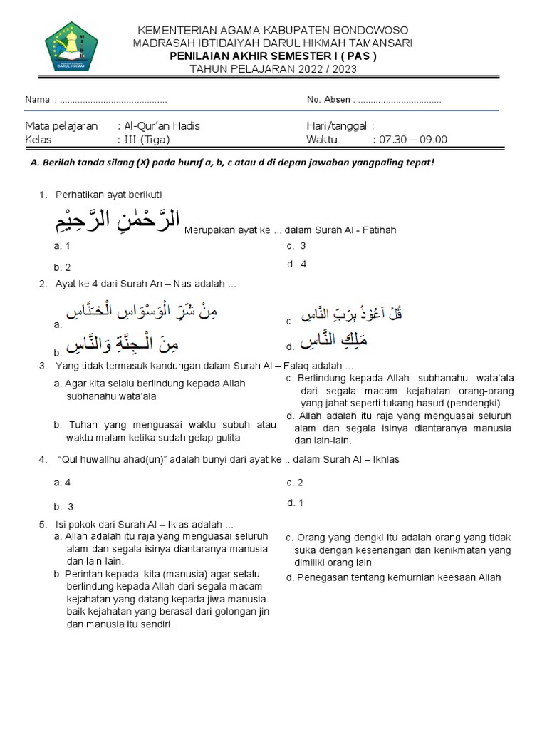 Bocoran Rahasia Soal Qurdis Kelas 3 At Tin yang Wajib Kamu Pelajari Sekarang Juga Bocoran Rahasia Soal Qurdis Kelas 3 At Tin yang Wajib Kamu Pelajari Sekarang Juga