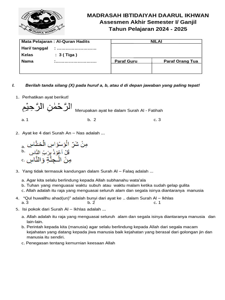 Rahasia Lulus Ujian dengan Kumpulan soal qurdis kelas 3 semester 2 Terbaru